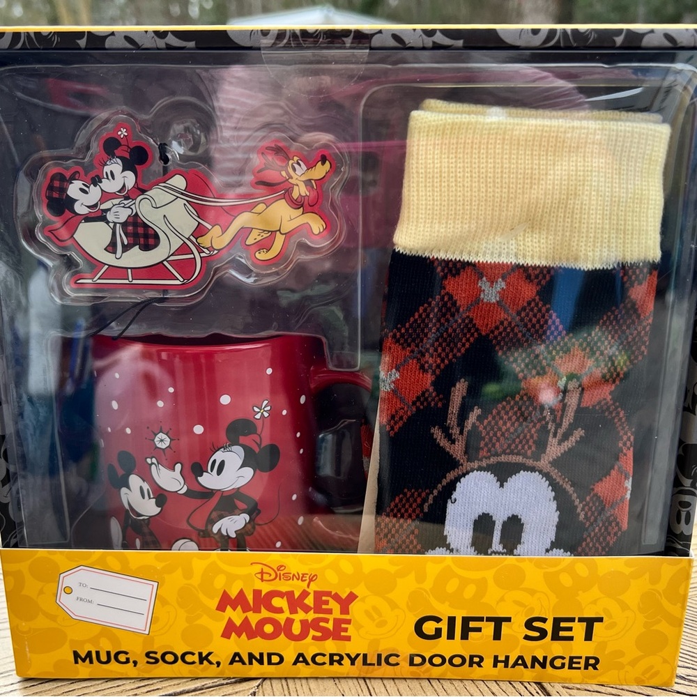 Disney Mickey Mouse Red Mug Socks, and Door Hangar gift Set